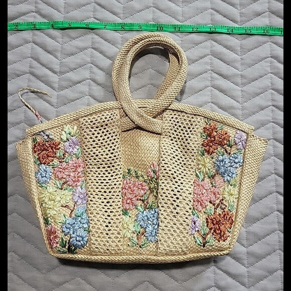 Vintage Woven Straw Raffia Purse Clutch Embroidered Flowers Handbag Boho - Picture 4 of 9